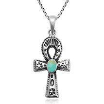 Eternal Life Sterling Silver Egyptian Ankh Green Turquoise Inlay Necklace - £18.18 GBP