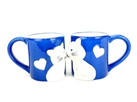 Kissing Cats Matching Mugs, Set of 2, White Kitties On Cobalt Blue Ceramic Cups - £10.12 GBP