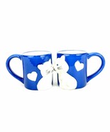 Kissing Cats Matching Mugs, Set of 2, White Kitties On Cobalt Blue Ceram... - $241.19 MXN