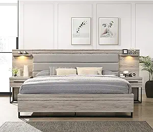 Roundhill Furniture Alvear Upholstered Wood Wallbed Bed with White LED L... - $2,055.99