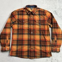 Eddie Bauer Chutes MicroFleece Flannel Jacket M Orange Blue Plaid Shirt Shacket - £26.28 GBP