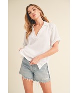 Aemi + Co Side Slit Johnny Collar Short Sleeve Cotton Gauze Blouse - €37,87 EUR