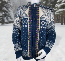 Vtg Nordic Sweater Womens M Blue Handmade Nepal Fair Isle 100% Wool Card... - €60,46 EUR