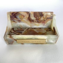 Marble Stone Business Card Holder Light Green Brown With Brass Nameplate 4.7in - £10.32 GBP