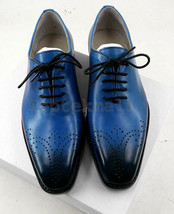 Handmade Men&#39;s Leather Oxfords Blue Medallion Toe Oxford Party Wear Shoes-218 - £167.02 GBP