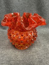 Vintage Fenton Red Amberina Glass Hobnail Ruffled Vases 4” Tall 5” Wide EUC - £27.06 GBP