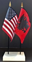 1 American &amp; 1 Albania Mini Rayon 4&quot;x6&quot; Desk Flag Set with White 2-Hole ... - $13.95