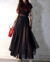 Black Pleated Long Tulle Skirt Outfit Women Plus Size Side Slit Tulle Skirt image 3