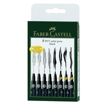 Pack of 8 Faber Castell Artist Pens Set BLACK INK Assorted Nib Sizes Art Fun - £34.69 GBP