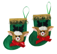 2 Vintage Felt Christmas Ornaments Rudolph Reindeer Mini Stockings Embellished - £15.86 GBP