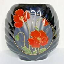 Vintage Fine China Japan Black Vase With Red Poppies Flowers Flask Shape - $24.99