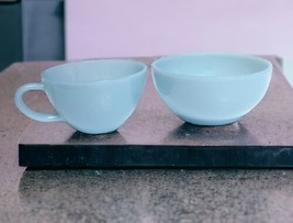 MCM Anchor Hocking Fire-King Delphite Blue Turquoise 5&quot; Cereal Bowl &amp; Te... - £27.09 GBP