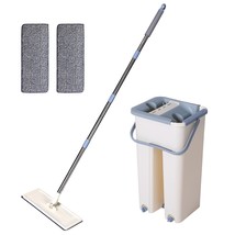 One Flat Floor Mop Bucket Set Self Cleaning Wet Dry Usage with 2 Microfi... - $54.99