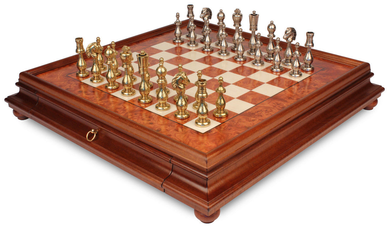 Primary image for Italfama Arabesque Metal Staunton Chess Set with Elm Burl Chess Case NEW