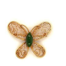 Vintage Signed 12K Gold Filled A&amp;Z Jade Stone Filigree Butterfly Designer Brooch - £43.52 GBP