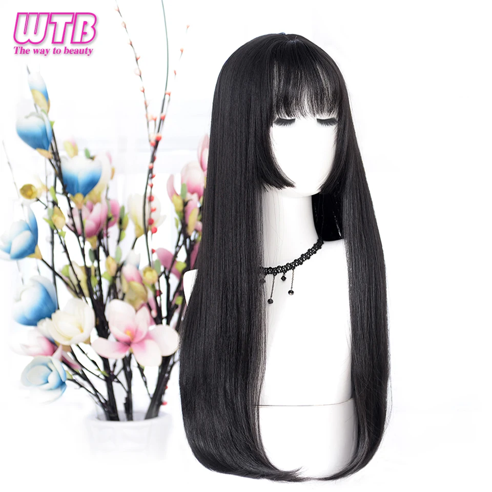 WTB Synthetic Long Straight Hair Black Lolita Wigs with Bangs for Women Fashi - £13.88 GBP+