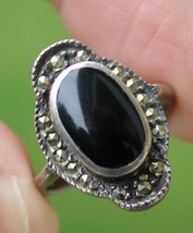 STERLING SILVER &amp; BLACK ONYX marcasite ladies ring band .925 size 7 GOTHIC - £27.42 GBP