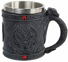 Celtic Dual Winged Dragon Mug Chalice Resin Body Stainless Steel Faux Stone - £22.49 GBP
