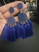 Blue And Gold Tassel Earrings - $124.39 MXN