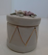 Vintage Ceramic Porcelain Trinket Box Applied Flowers Pink Purple White 2 Pc Set - £11.67 GBP