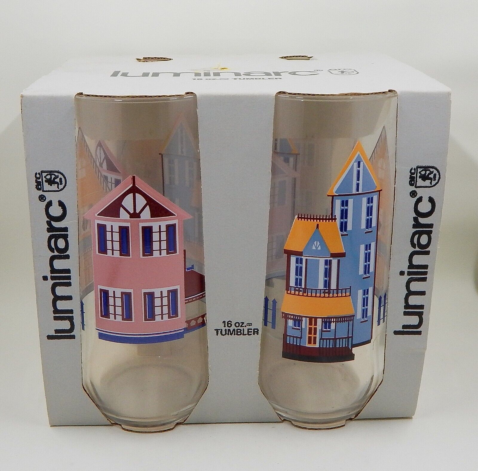 Luminarc Victorian Homes Cooler Glass Tumbler 16 oz Set of 4 NOS Durand Glass Co - $39.99