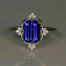 3Ct Simulated Blue Sapphire Vintage Engagement Ring 14K White Gold Plated Silver - £68.53 GBP