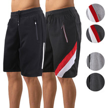 Men&#39;s Drawstring Elastic Waist Fleece Zipper Pockets Fitness Gym Sweat Shorts - £15.06 GBP