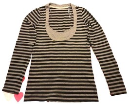 Women Blouse 100% Cotton Casual  Small Gray Black Striped Long Sleeve Ro... - £15.94 GBP