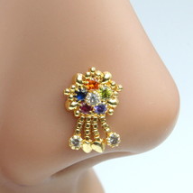 Indian Flower Style Fake Multicolor Dangle Gold Plated Nose Stud CZ Push Pin - £11.25 GBP