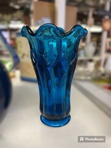 Vintage Viking Double Crimped Vase Blunique Bluenique Blue Art Glass MCM - £45.89 GBP