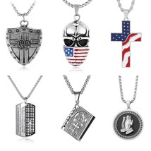 Mens Lord&#39;s Prayer Bible US Flag Cross Pendant Necklace Christian Jewelry 24&quot; - £6.42 GBP+