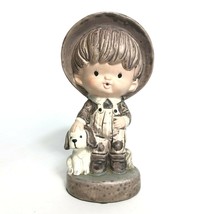 Vintage Figurine Boy w/ Dog Ceramic Hat and Overalls Japan 1950s Hand Pa... - $23.38