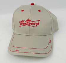Budweiser Beer Embroidered Tan Adjustable Adult Hat Red Stitching Promo Cap - $10.29