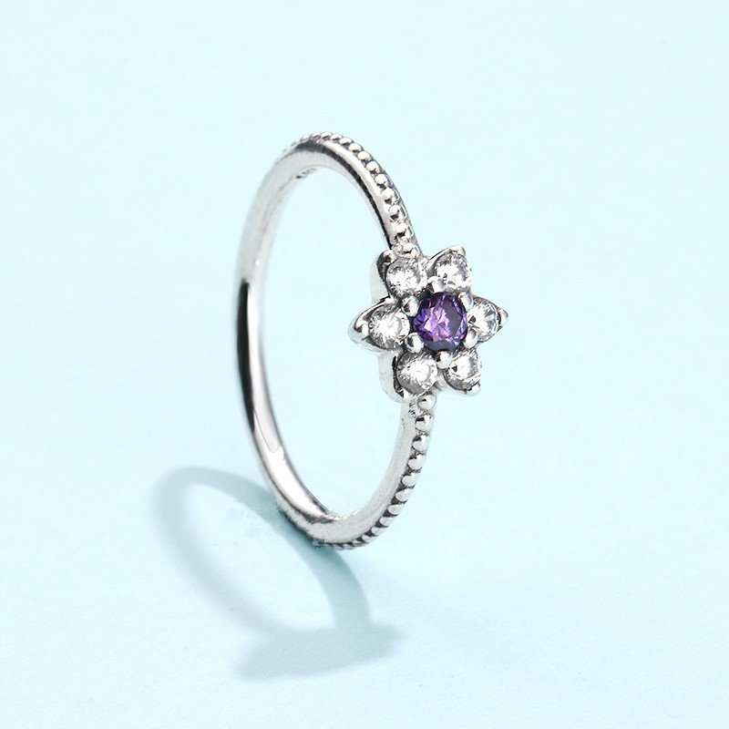 S925 Sterling Silver Forget me not with Clear and Purple Cz Ring Woman Jewelry