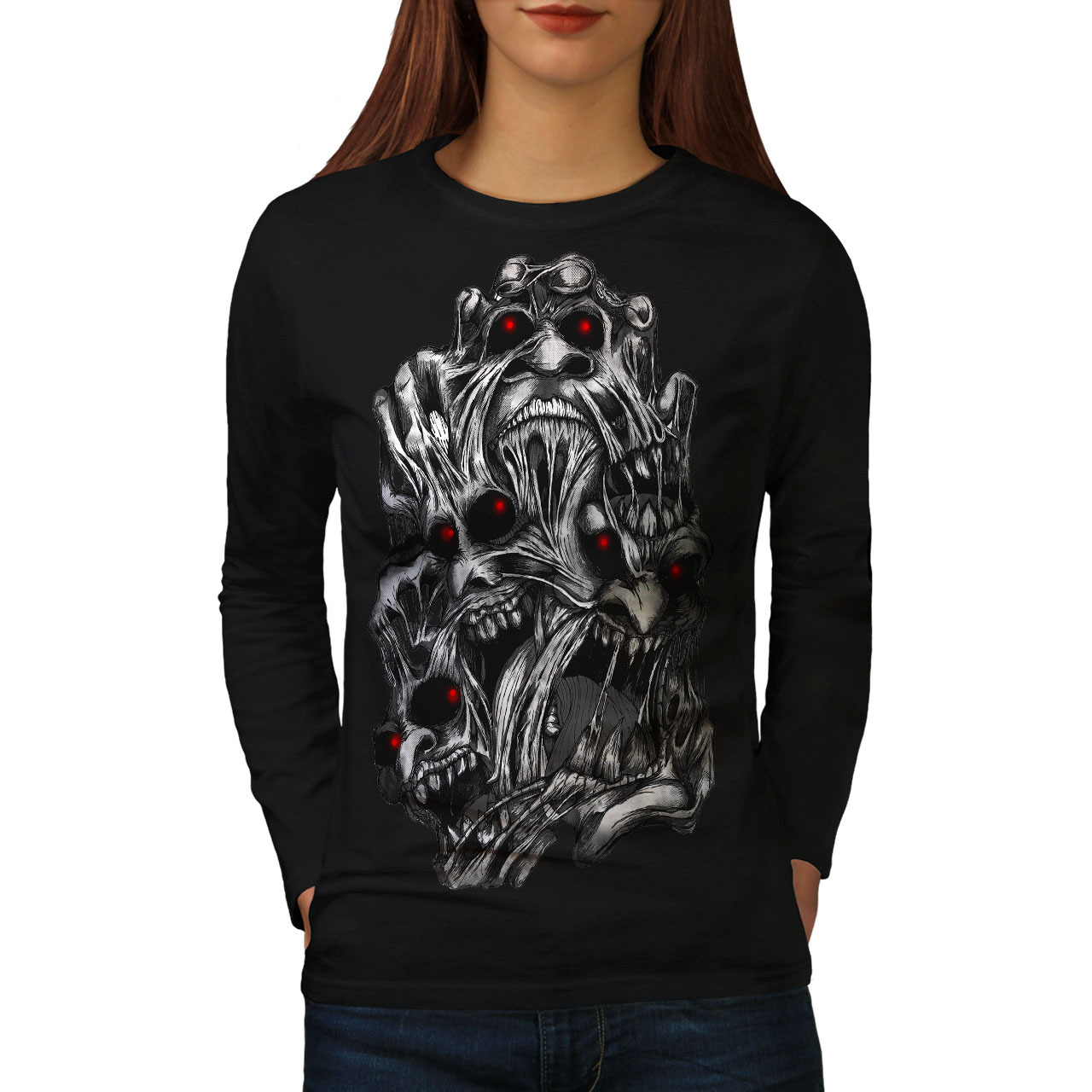 Evil Face Satan Horror Tee  Women Long Sleeve T-shirt - $14.99