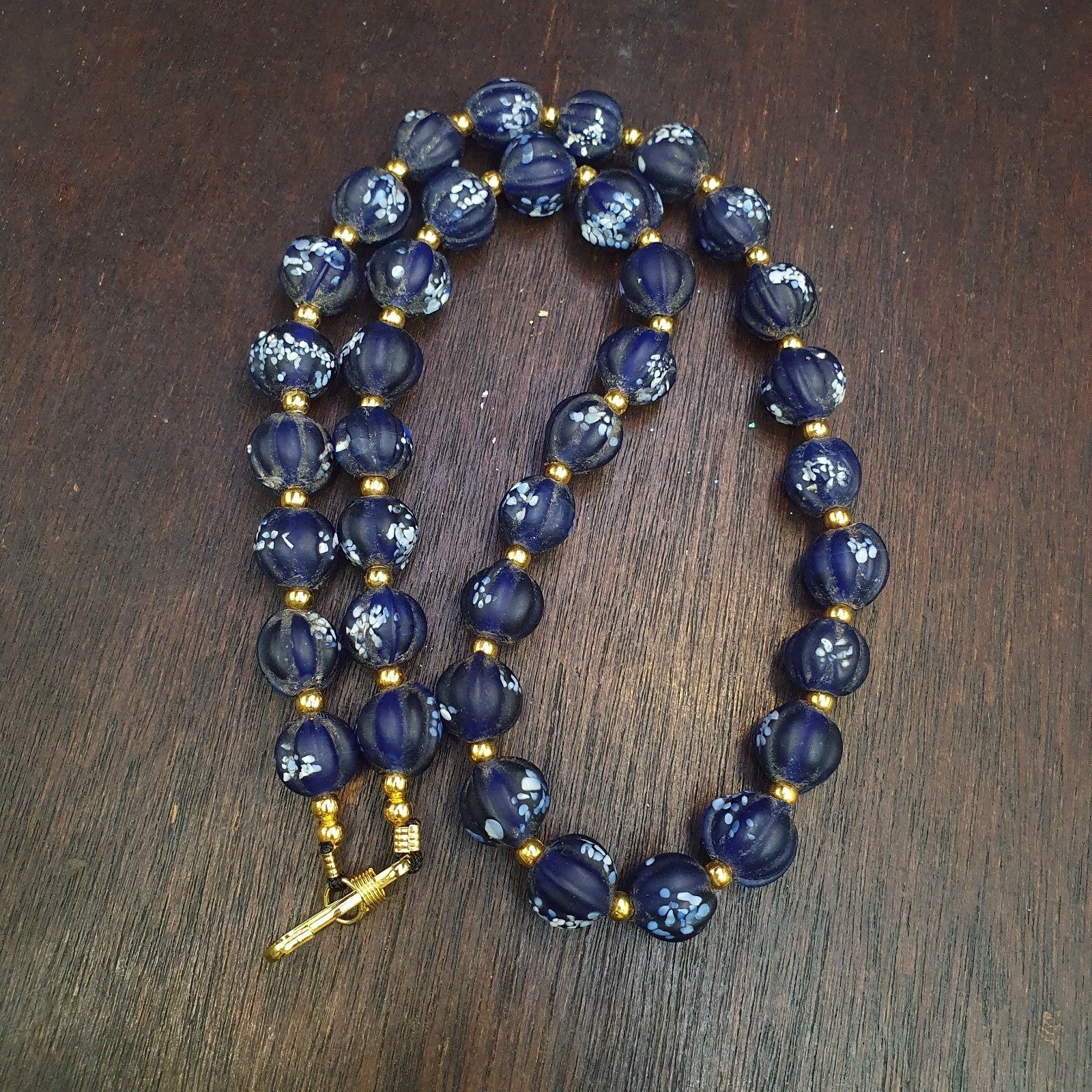 Collana di perle in vetro a forma di melone blu stile africano veneziano... - $32.17