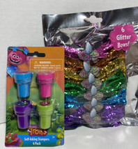 Troll Party Set Glitter Bows, Balloon, String Lights &amp; Stampers New - $25.73