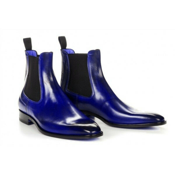 High Ankle Blue Chelsea Jumper Slip On Genuine Leather Handmade Boots US 7-16