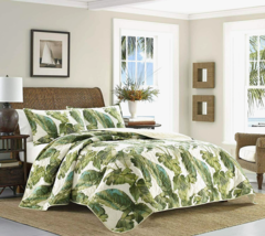 Tommy Bahama Fiesta Palm 3PC QUEEN Quilt &amp; Sham Set Cotton Tropical Leaf Green - £130.56 GBP