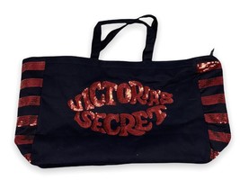 Victoria’s Secret Black Cotton Res Sequin Kiss Lips Large Zip Tote Shopp... - $14.36