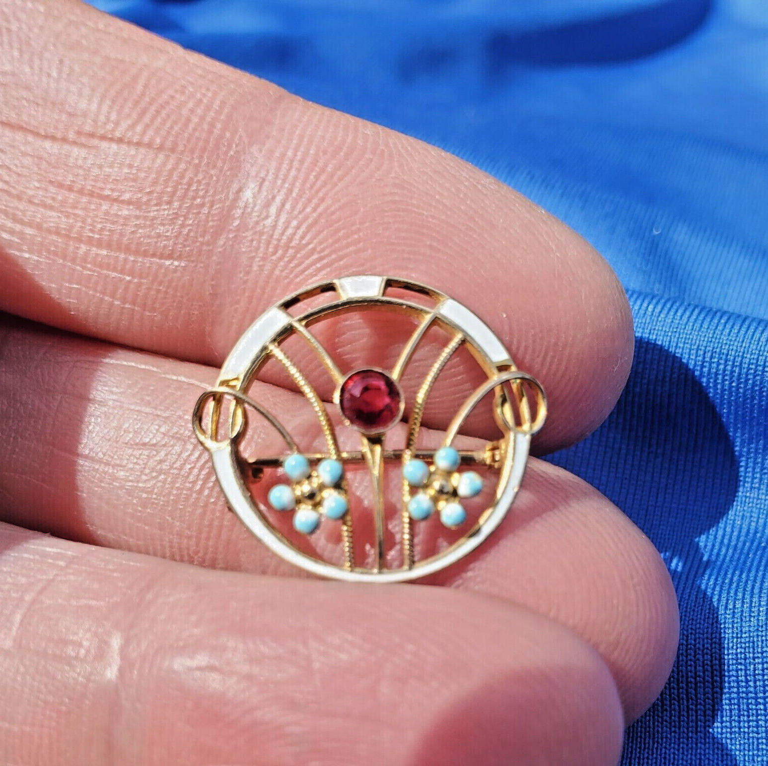 Elegant Vintage Ruby Brooch Solid 10k Gold Guiloche Enamel Deco Geometric Pin Item image 6