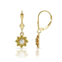 14K Y Gold 1CT White Sapphire&amp; Citrine Flower Cluster Dangle Leverback Earrings - $363.72