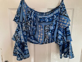 Women&#39;s Shirt Boho Shirt Blue Ruffled Sleeve Blouse Floral size 10 FREE POST - $11.34