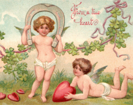 1908 Angels With Hearts And A Horseshoe Embossed Valentine Postcard - $19.80