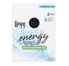 L&#39;eggs Sheer Energy Medium Leg Support Control Top Tights Jet Black 2 Pair Q - £15.63 GBP