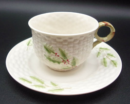 Vintage Belleek Ireland Porcelain Cup &amp; Saucer Green Leaves Stem Handle Basket - £35.91 GBP