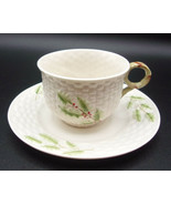 Vintage Belleek Ireland Porcelain Cup &amp; Saucer Green Leaves Stem Handle ... - £35.39 GBP