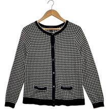 Lands End Cardigan Sweater Womens Medium Black White Houndstooth Preppy ... - $24.74