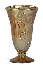 Jeanette Carnival Glass Peach Opal Iris &amp; Herringbone Footed Flower Vase 9&quot; H - £30.85 GBP