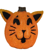 Pussy Cat Melted Plastic Popcorn Jack O Lantern 9&quot; Halloween Lights Up C... - $32.73